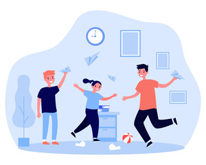 Active kids playing with paper planes. Children making mess at home flat vector illustration. Childhood, leisure, activity concept for banner, website design or landing web page