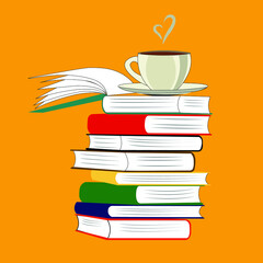  books and a cup of coffee with a heart shape smoke study education passion vector illustration