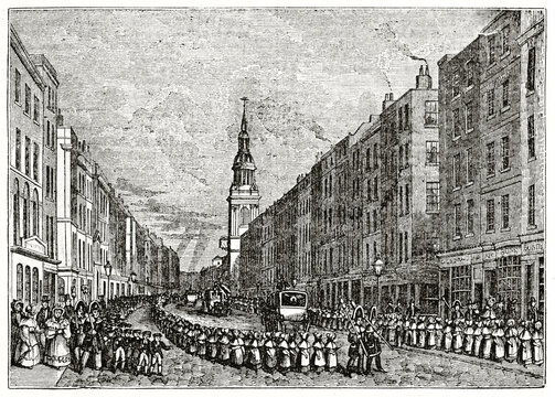 Old front view of Cheapside, London. Large busy street with children in procession and elegant buildings. Ancient engraving style art by unidentified author, The Penny Magazine, London 1837