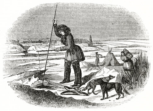 Chippewa native american people ice fishing hole on winter landscape. Ancient engraving style art by unidentified author, The Penny Magazine, London 1837