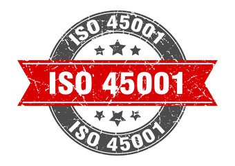 Fototapeta premium iso 45001 round stamp with ribbon. label sign