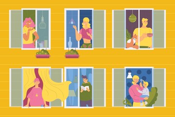 Neighbours in an apartmant flat windows. Various characters talking together or being alone with music, book or cat. Vector concept illustration about city and storey