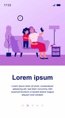 Happy mom and sweet daughter taking selfie on smartphone. Mother and child with mobile phone having fun at home together. Flat vector illustration for technology, photo, family concept
