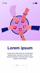 Hands of people taking donuts from circle tray. Dessert, sweet snacks, tasty flat vector illustration. Food, bakery, pastry concept for banner, website design or landing web page