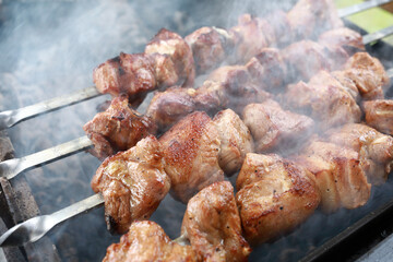 Roasting pork neck kebab on skewers