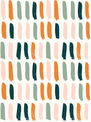 Simple abstract brush stroke blocks vector pattern. Brush strokes forming a geometric repeat. Orange, pink, green colors over white. Great for home decor, fabric, wallpaper, stationery, design project