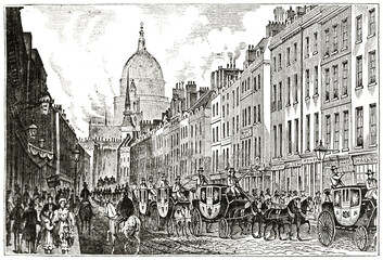 Old very busy Fleet street and mail coaches procession, London. Cathedral far in background. Ancient engraving style art by unidentified author, The Penny Magazine, London 1837 - 378746321