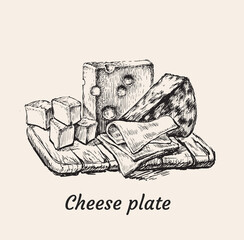 Cheese Plate Hand Drawing Vector Illustration.