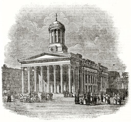 Monumental building of the Glasgow Exchange, Scotland, and square in its front side. Ancient engraving style art by unidentified author, The Penny Magazine, London 1837