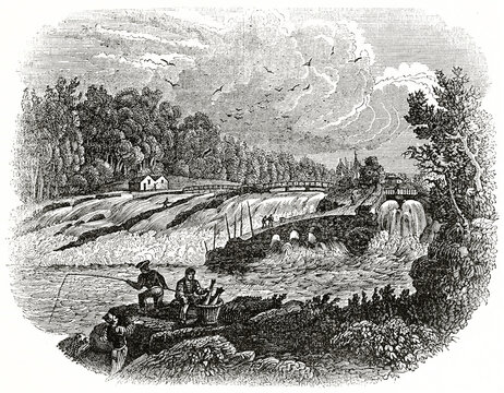 Fishermen angling for Salmon-leap along thr Bann river, Coleraine, Ireland. outdoor context surrounded by nature. Ancient engraving style art by unidentified author, The Penny Magazine, London 1837