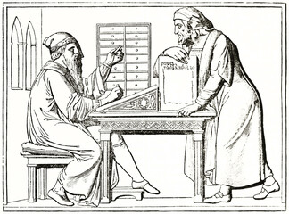 Gutenberg on his desk. Old engraved reproduction of bas relief monument, Mainz. Ancient engraving style art by unidentified author, The Penny Magazine, London 1837