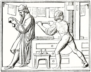 Gutenberg checking print while his reliant uses press. Old engraved reproduction of bas relief monument, Mainz. Ancient engraving style art by unidentified author, The Penny Magazine, London 1837 - 378746521