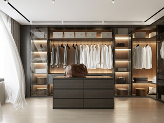 3d rendering of a Luxury modern dark wood dressing room	
