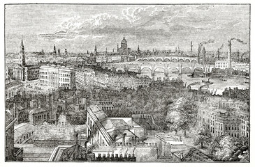 Overall top view of London cityscape from the York column. Building and chimneys. Ancient engraving style art by unidentified author, The Penny Magazine, London 1837
