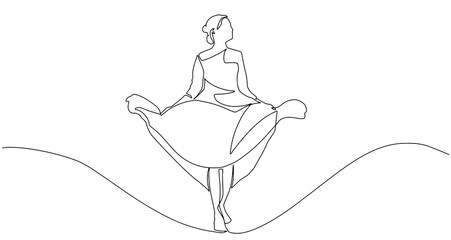 Silhouette of a woman in a dress one line drawing on white isolated background. Vector illustration. continuous line drawing of happy woman posing in dress.