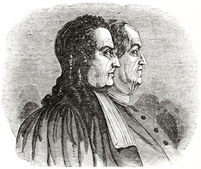 Montyon and Franklin side bust portraits in ancient clothes for the medal of useful men. Ancient engraving grey tone art by unidentified author, The Penny Magazine, London 1837