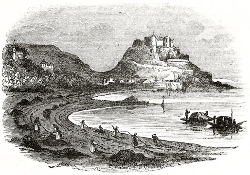 Seascape with gulf and shore leading to a castle on top of a cliff. Mount's Bay, Cornwall, United Kingdom. Ancient engraving grey tone art by unidentified author, The Penny Magazine, London 1837