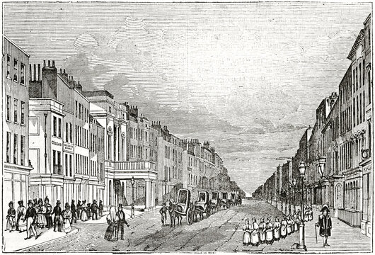 Old Oxford Street, London. Long straight street losing on the horizon and long british buildings line. Ancient engraving grey tone art by unidentified author, The Penny Magazine, London 1837