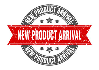 new product arrival round stamp with ribbon. label sign