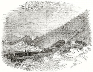 Postojna Cave entrance, Slovenia on a mountain rough landscape. Ancient engraving grey tone art by unidentified author, The Penny Magazine, London 1837