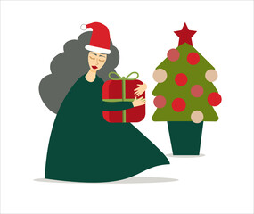 Illustration of woman or Mrs Claus character leaving a gift on Christmas