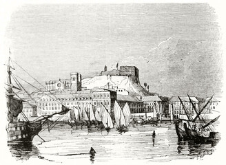 Overall outdoor view of Praca do Commercio from water, Lisbon, Portugal. Ancient engraving grey tone art by unidentified author, The Penny Magazine, London 1837