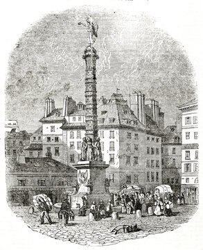 Water carriers at Place du Chatelet fountain, Paris. High obelisque with angel on top at the square center. Ancient engraving grey tone art by unidentified author, The Penny Magazine, London 1837