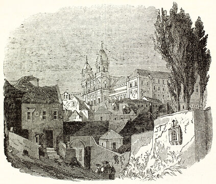 Lisbon neighborhood view from below to upward to Monastery of Sao Vicente de Fora, Portugal. Ancient engraving grey tone art by unidentified author, The Penny Magazine, London 1837