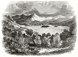mountain landscape with woods and lake on center Skiddaw, England. Ancient engraving grey tone art by unidentified author, The Penny Magazine, London 1837