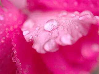 Closeup macro pink petals of rose flower with water drops and blurred background ,soft focus ,sweet color for wedding card design ,droplets on flower ,dew on pink hibiscus petal