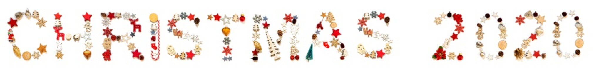 Colorful Christmas Decoration Letter Building English Word Christmas 2020. Festive Ornament Like Christmas Tree, Star And Ball. White Isolated Background