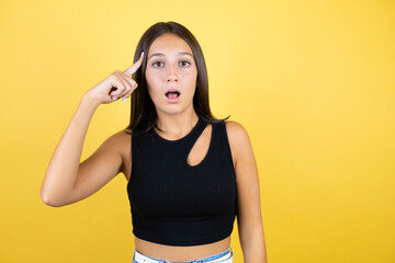 Beautiful young girl kid over isolated yellow background smiling and thinking with her fingers on her head that she has an idea.