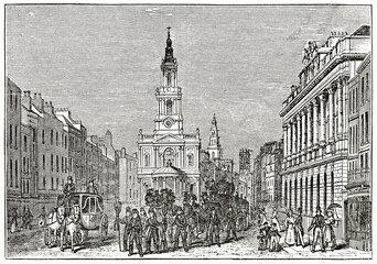 Old funerary procession along the Strand, London, front viewed, church and buildings. Ancient engraving grey tone art by unidentified author, The Penny Magazine, London 1837