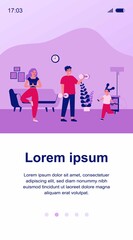 Family exercising at home. Parents and kid doing yoga, lifting weight, jumping rope in living room interior. Vector illustration for lockdown, activity, body training, indoor workout concept