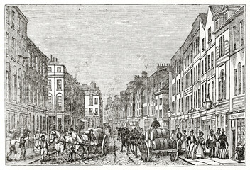 Obraz premium Cart carrying barrels through old busy Tooley Street, London. Ancient engraving grey tone art by unidentified author, The Penny Magazine, London 1837