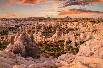 Rocky landscape in Cappadocia at sunset, Turkey. Travel in Cappadocia