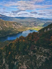 Fototapeta na wymiar Scenic view of beautiful autumn mountains landscape and Bohinj Lake