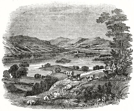 Old view of Windermere, the largest natural lake in England in a country landscape. Ancient engraving grey tone art by unidentified author, The Penny Magazine, London 1837