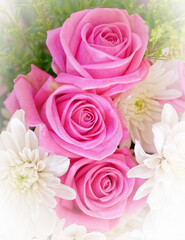 Fototapeta na wymiar light violet colored roses and white chrysanthemums flowers bouquet top view, filtered image