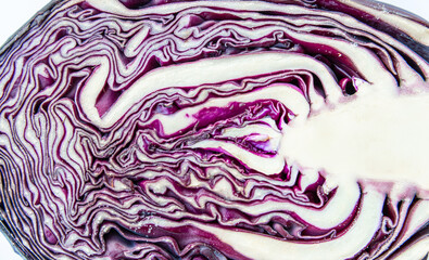 close up of  cut red cabbage ,background backdrop healthy eating