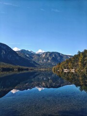 Scenic view of beautiful mountains landscape and Bohinj Lake