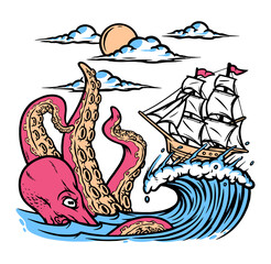 Octopus and sailing ship illustration