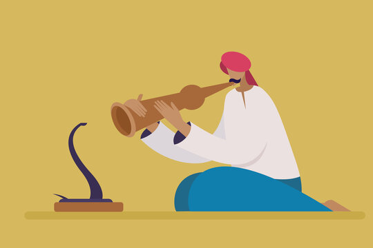 Illustration of a traditionally dressed Indian snake charmer with snake