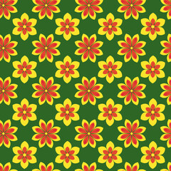 Fototapeta premium Seamless yellow floral vector pattern on green background.
