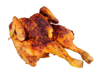 Roasted spatchcock chicken with piri piri seasoning isolated on a white background