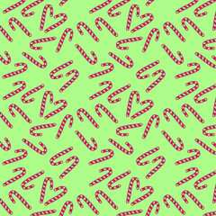 cute Christmas sweets and candies on a green background seamless pattern 