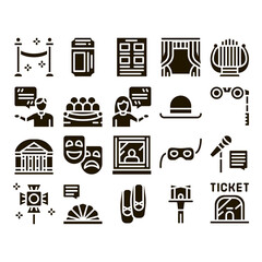 Theatre Equipment Glyph Set Vector. Theatre Ticket And Binoculars, Mask And Microphone, Curtain And Seats, Building And Hat Glyph Pictograms Black Illustrations