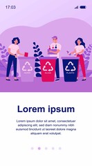 Happy men and women sorting trash. People putting plastic, glass, paper waste into different dumpsters with recycling symbols. Vector illustration for environment protection, garbage, litter concept