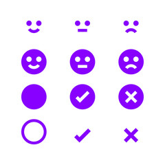 purple glowing icon emotions face, emotional symbol and approval check sign button, fluorescent emotion faces and check mark x or confirm and deny, button glowing flat for apps, icon checkmark shining