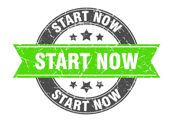 start now round stamp with ribbon. label sign